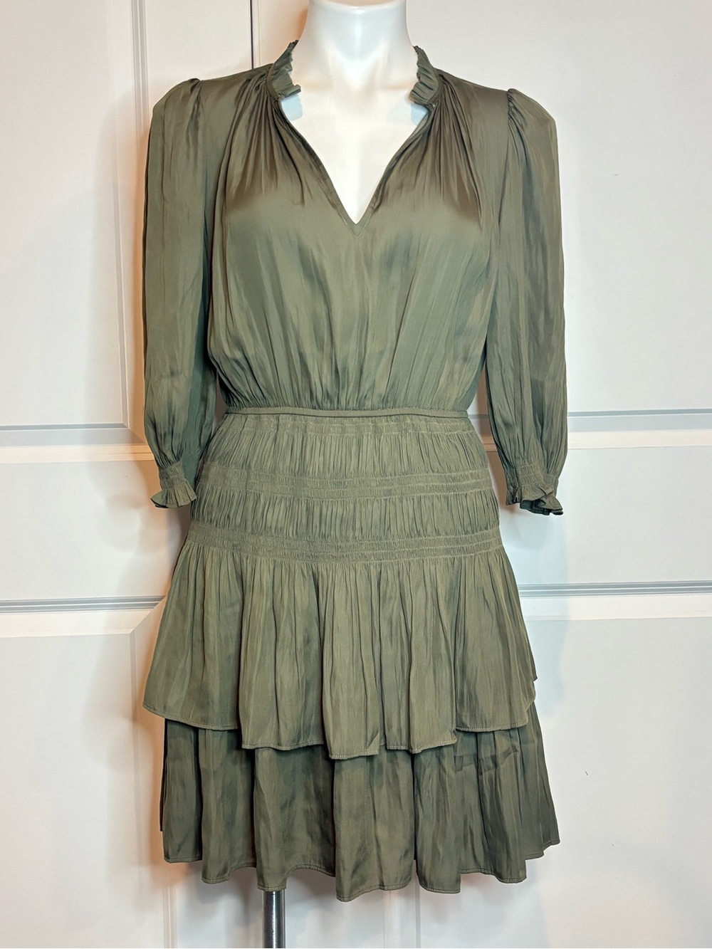 Maje Olive Khaki Green Ruffle V-neck Elastic Waist Long Sleeve Tiered Mini Dress